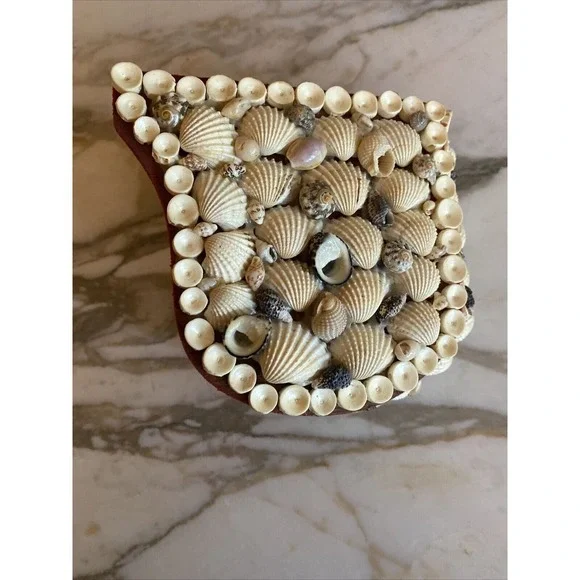 Handmade Seashell Grand Piano Jewelry Box Red Velvet Lining Vintage Coastal Art - Picture 6 of 8